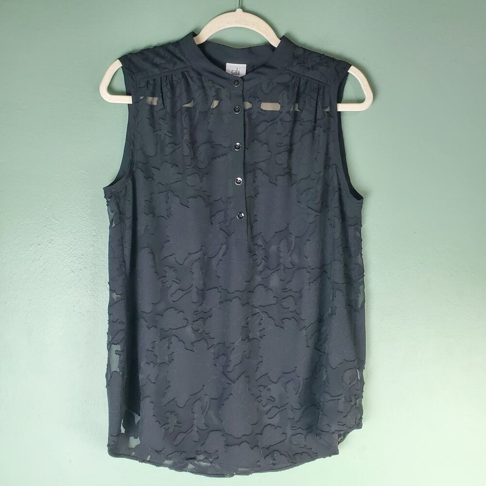 Cabi Womens Black Sheer Floral Burnout Clip Art Sleeve Blouse Top Size Medium